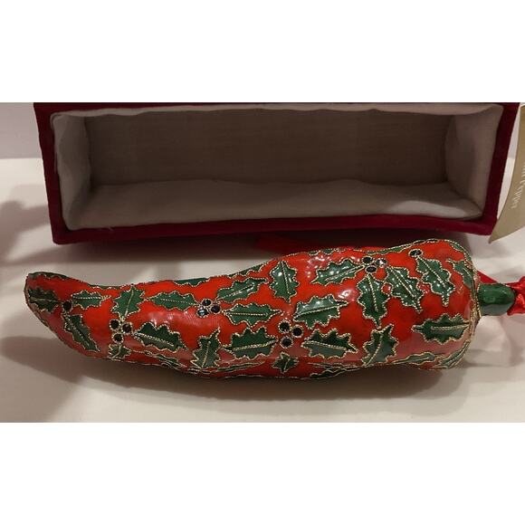 Rare Cloisonné Red Hot Chili Pepper Holly Berry Christmas Ornament With Box 5.5" - Picture 6 of 8
